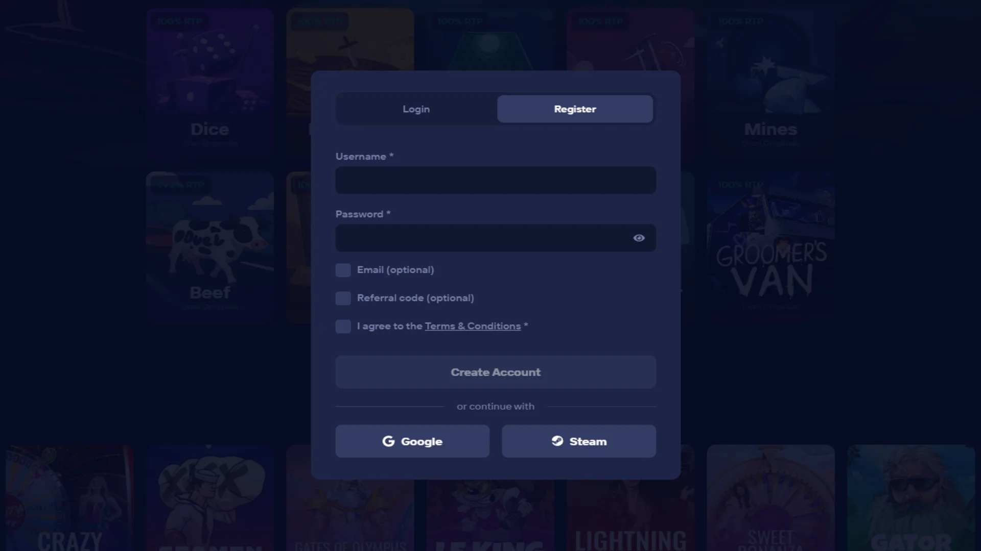 Duel Casino registration form with email, Google, or Steam sign-up options